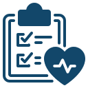 health-screening Icon depicting a clipboard with a checklist and a heart with a pulse line, symbolizing health or medical records management.